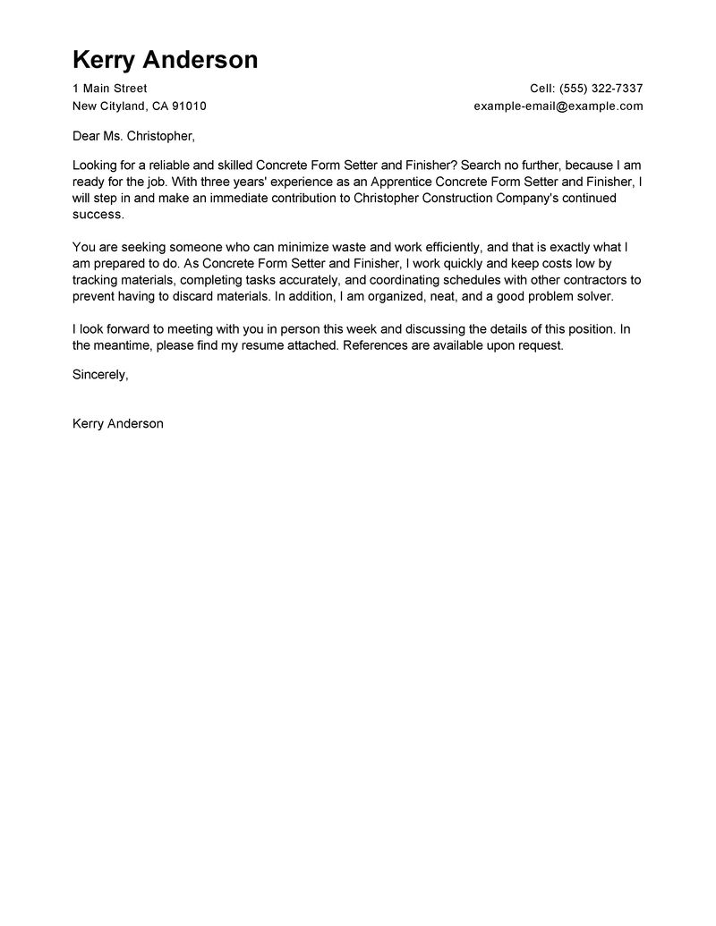 apprentice concrete form setter and finisher cover letter resume writing guide
