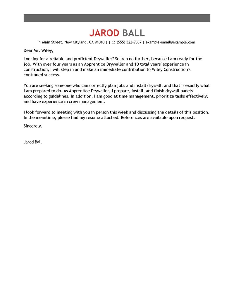 apprentice drywaller cover letter examples construction