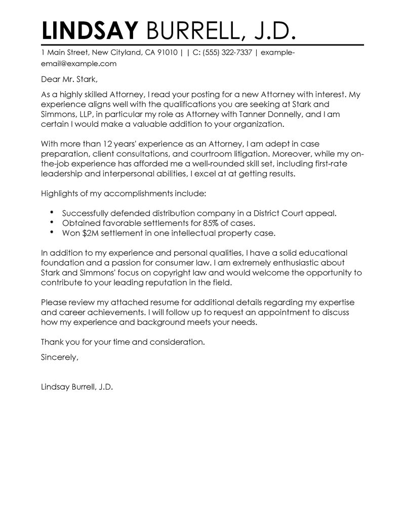 Sample legal cover letter experienced attorney