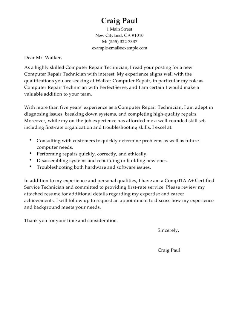 Computer Repair Technician Cover Letter Sample