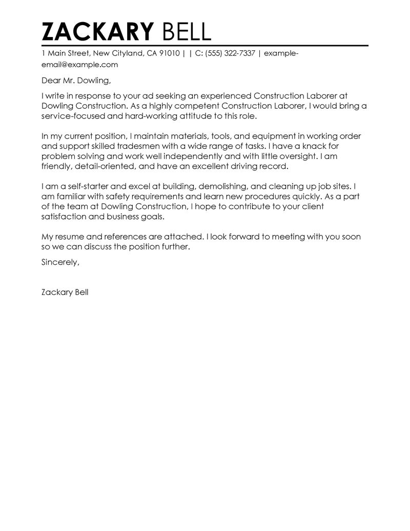 cover letter for construction labourer