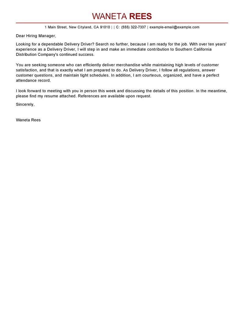 delivery driver cover letter examples transportation