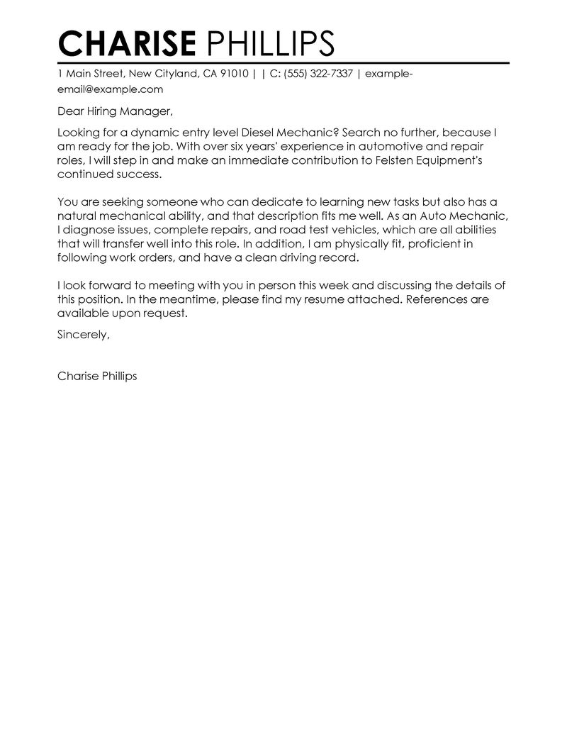 Entry Level Mechanic Cover Letter Examples Installation