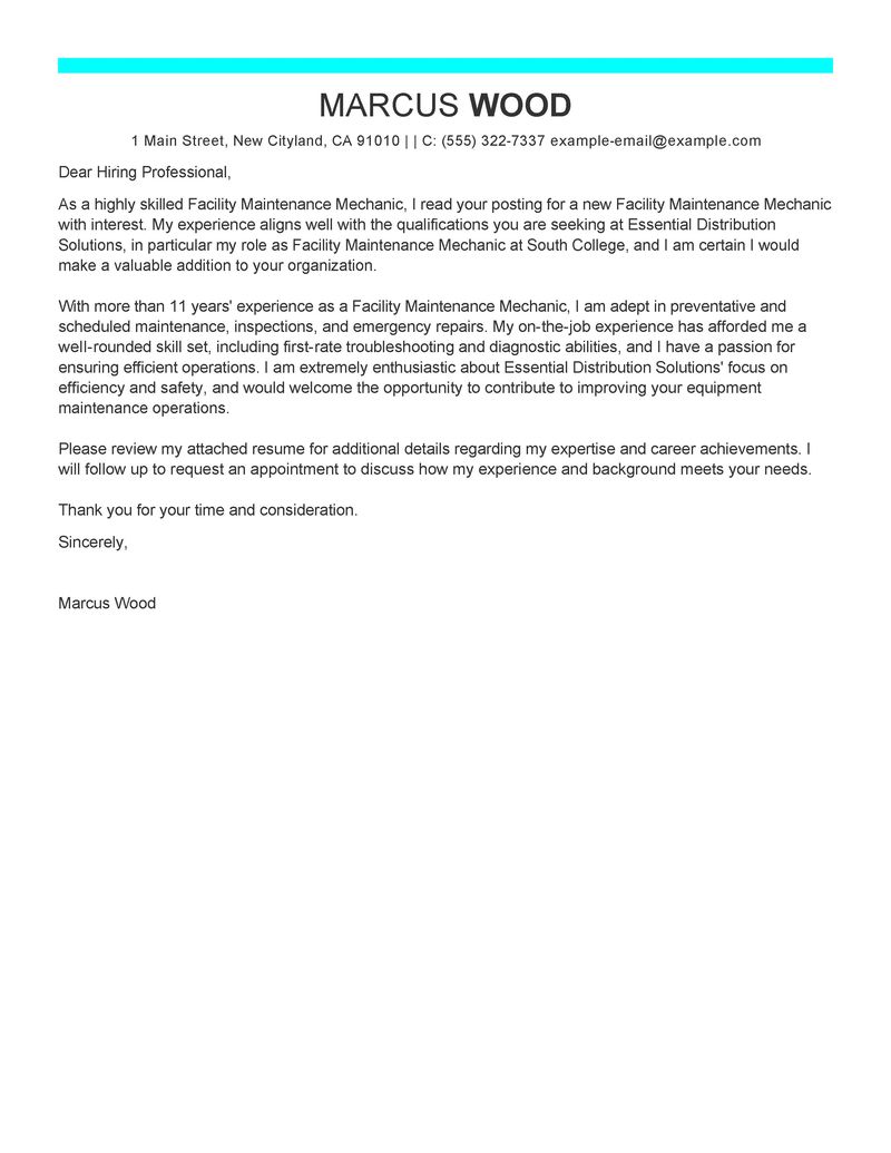 Experienced Mechanics Cover Letter Examples | Maintenance & Janitorial
