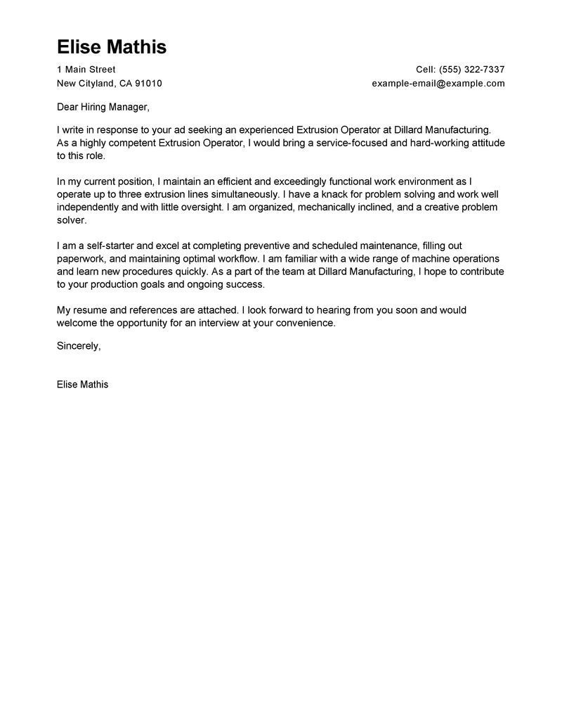 extrusion operator cover letter examples warehouse job covering letter examples