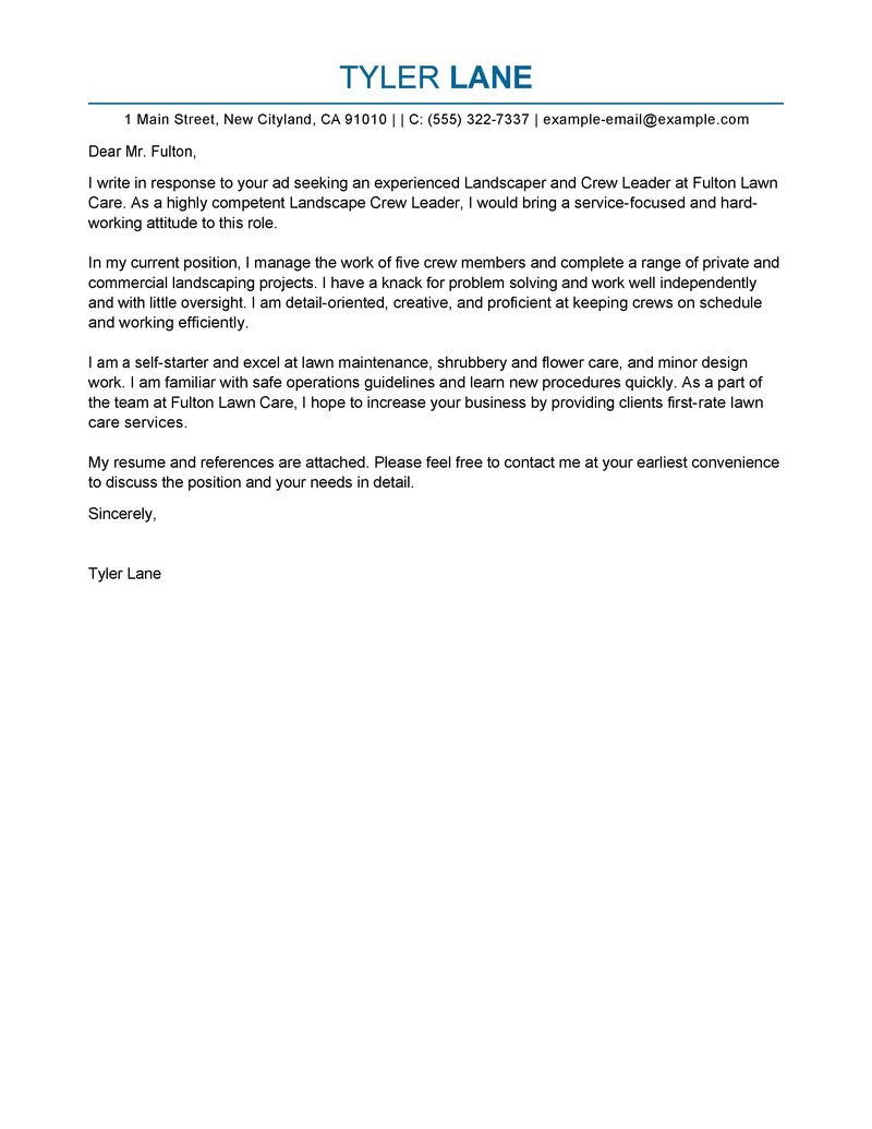 Landscaping Cover Letter Examples Agriculture