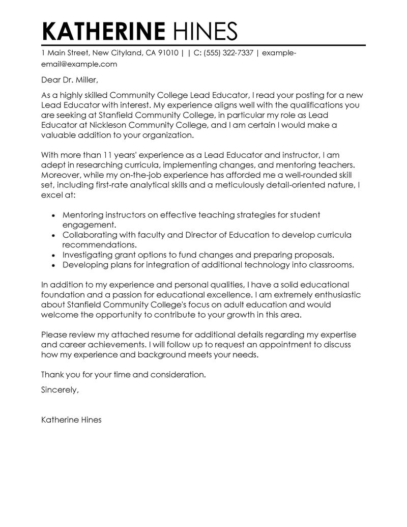 Lead Educator Cover Letter Examples Education Cover Letter Samples Livecareer