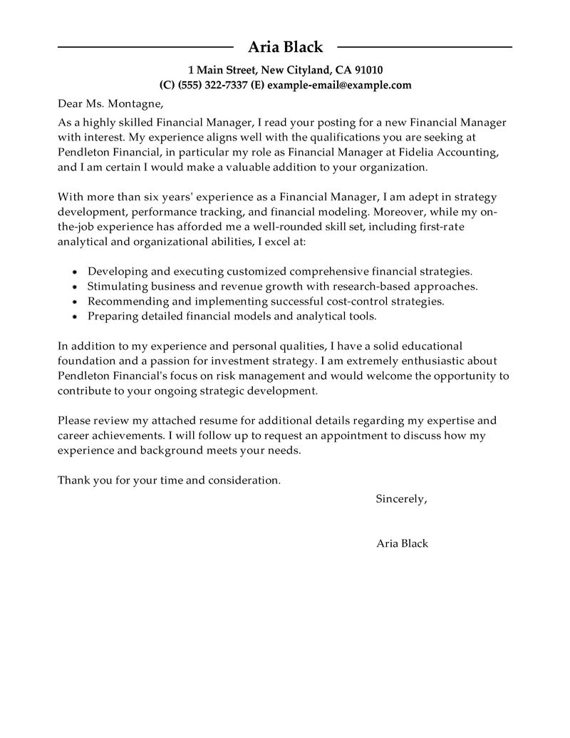 Cover letter finance manager sample