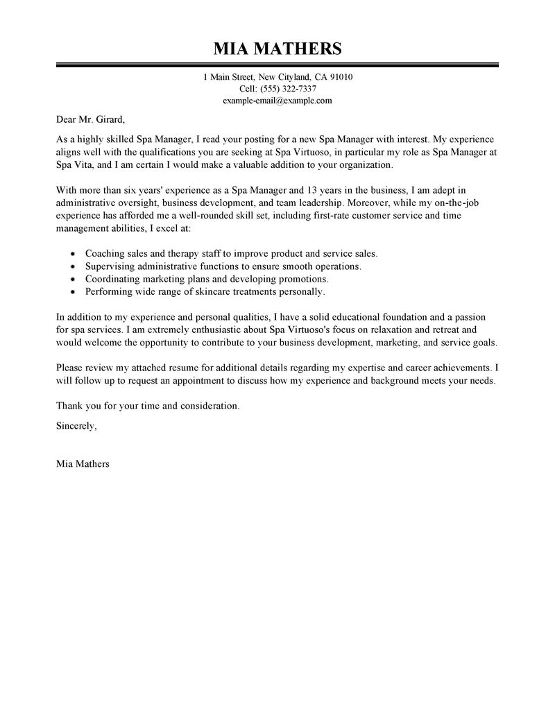spa manager cover letters