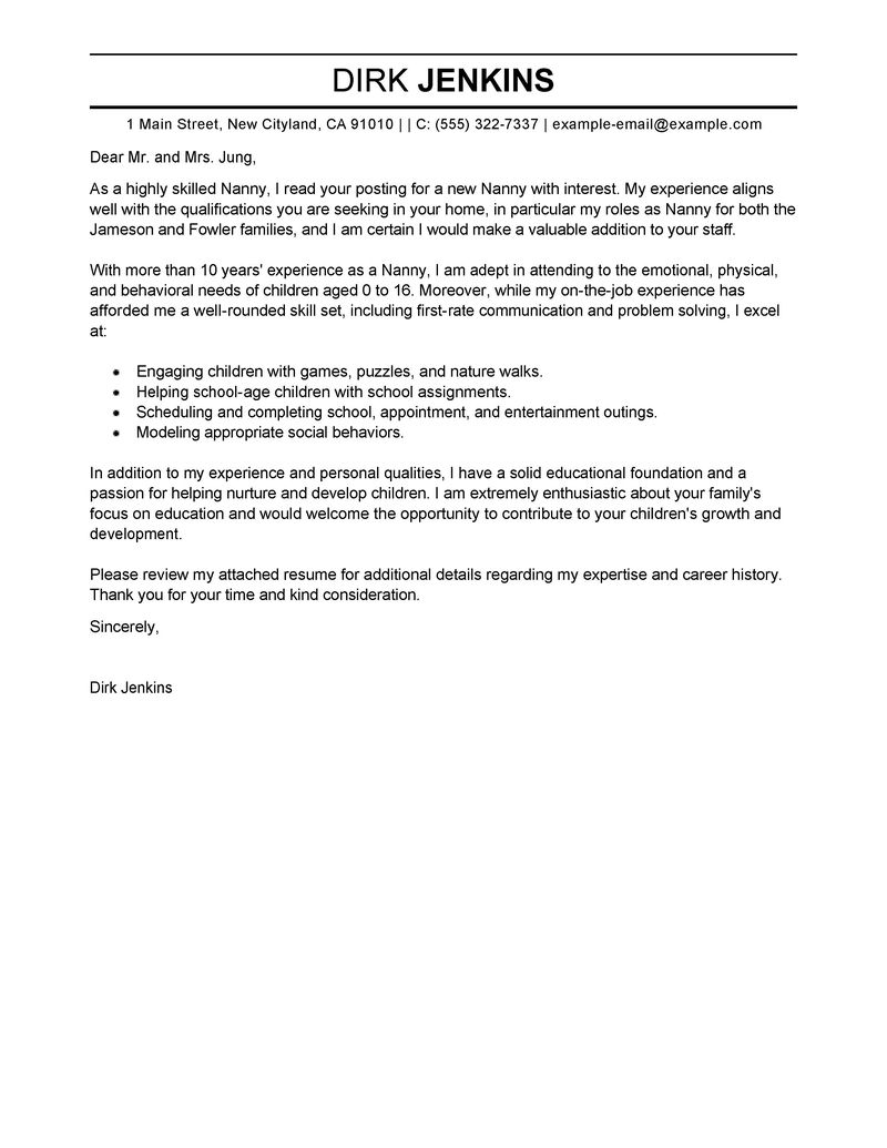 Nanny Cover Letter Examples Personal Care Services