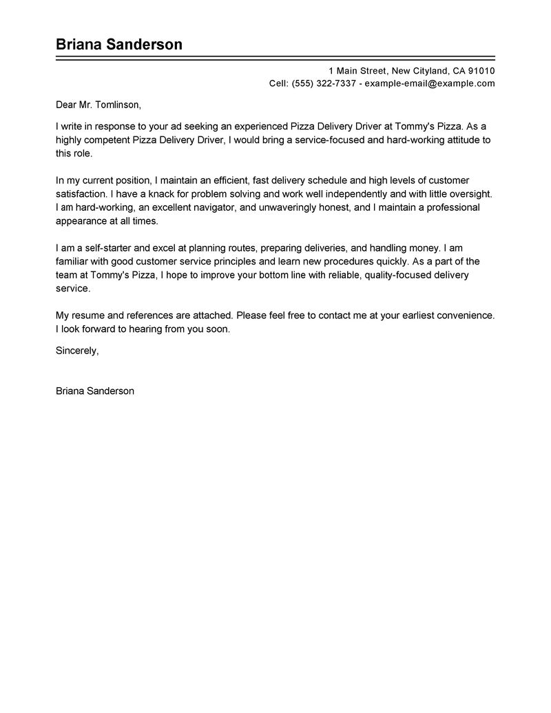pizza delivery drivers cover letter examples
