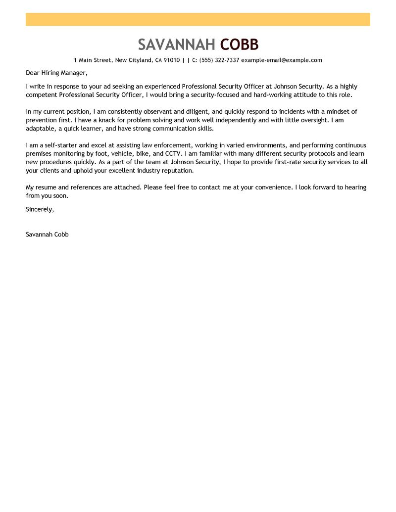 professional security officer cover letter examples law