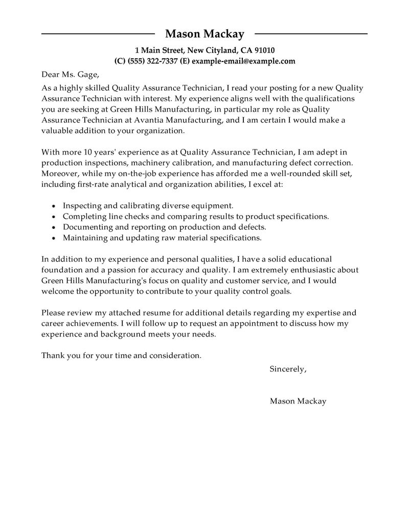 Quality Assurance Cover Letter Sample