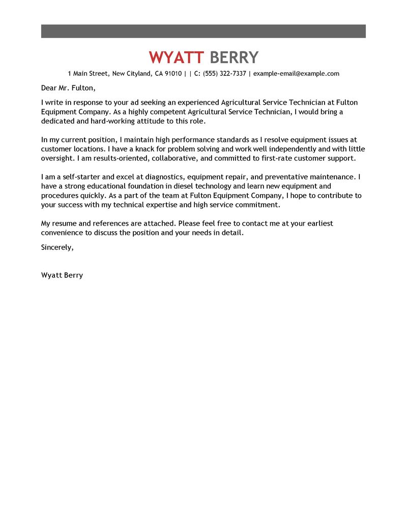 service technician cover letter examples agriculture