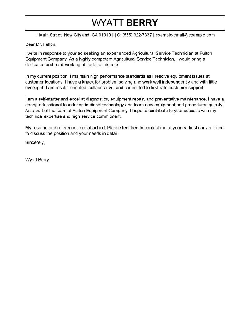 service technician cover letter examples agriculture
