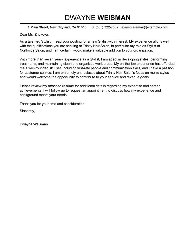 Sample cover letter for hairdressing