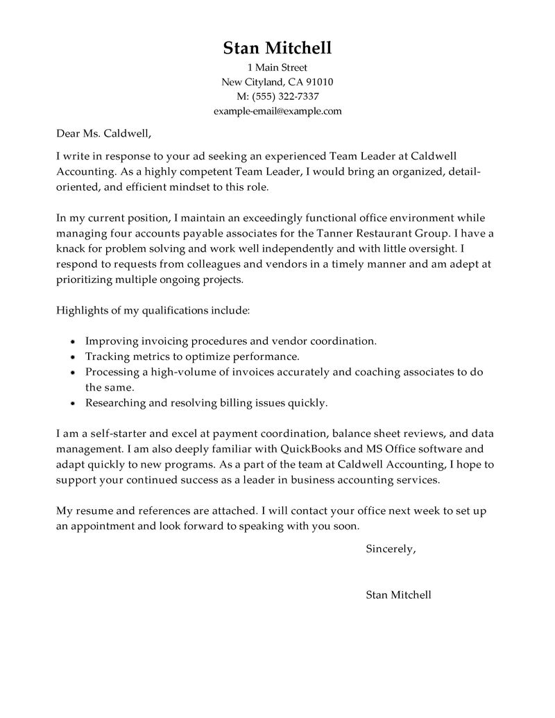 Cover letter for sales team leader position