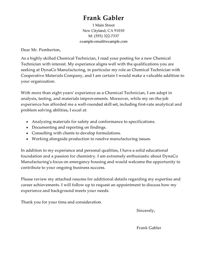 Chemistry Cover Letter Chemical Technicians Cover Letter Examples