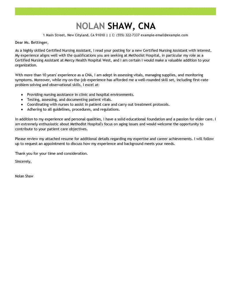 Sample cover letter for certified nursing assistant position