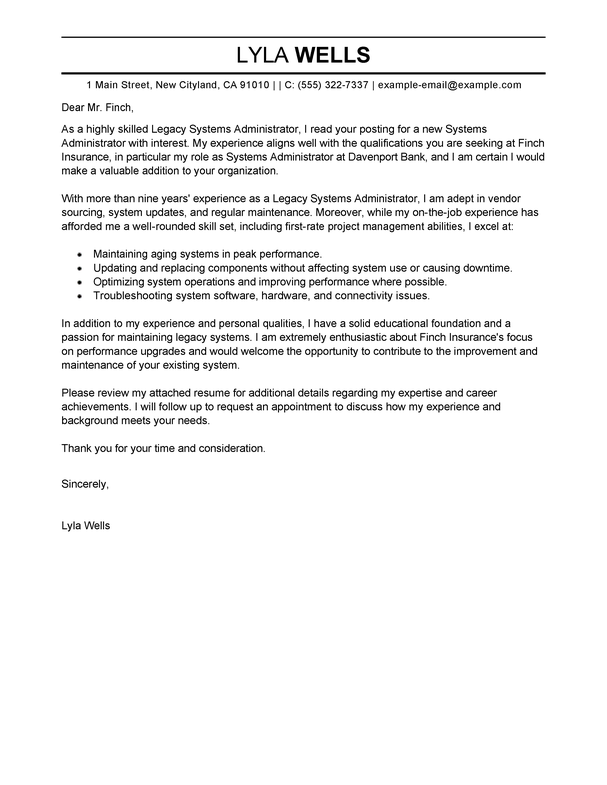 System administrator cover letter, IT, UNIX, example, sample