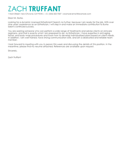 sample cover letter for esthetician