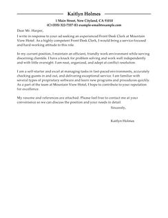 Hotel Receptionist Cover Letter Guest Service Sample