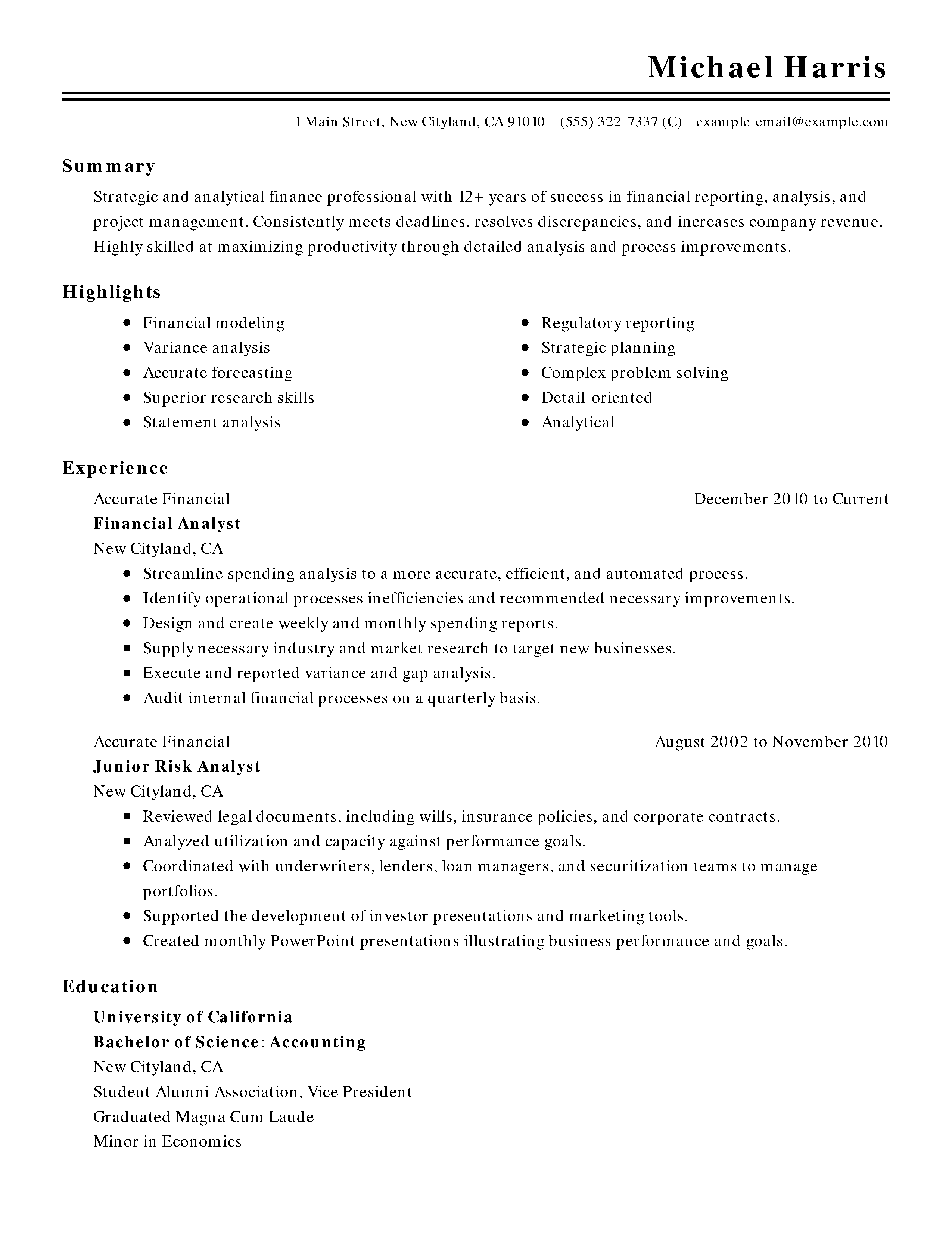 financial resume templates