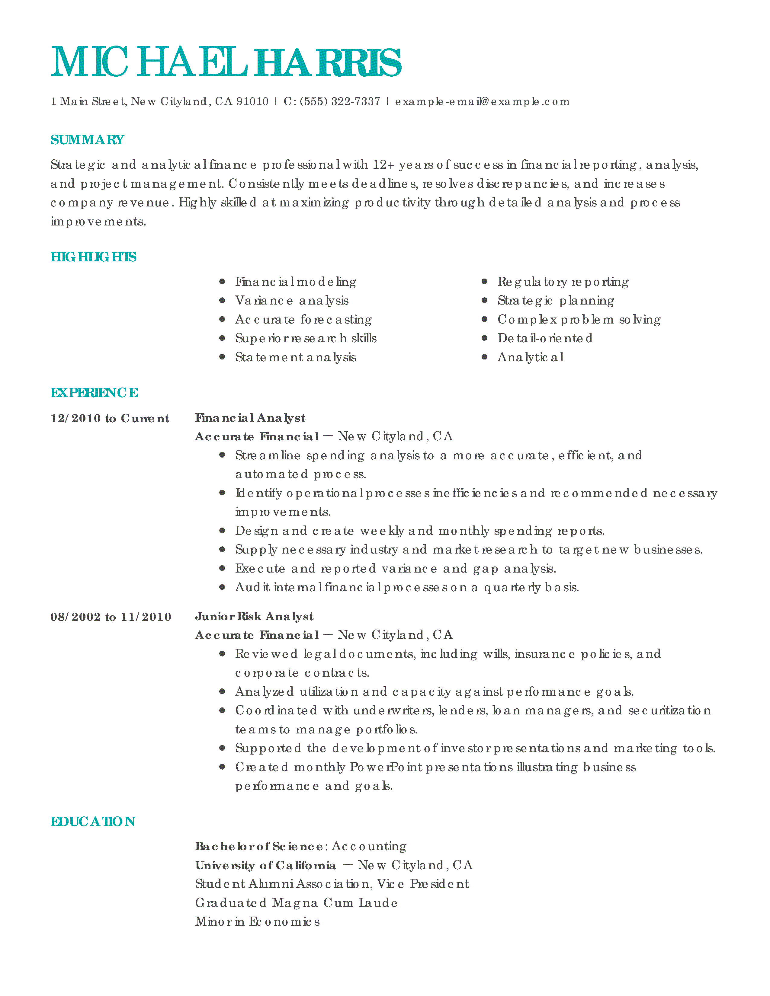 Resume examples for finance