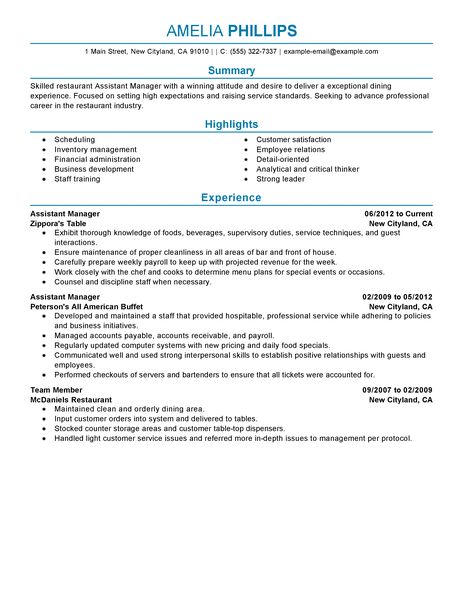 Resume template for managers in restaurant