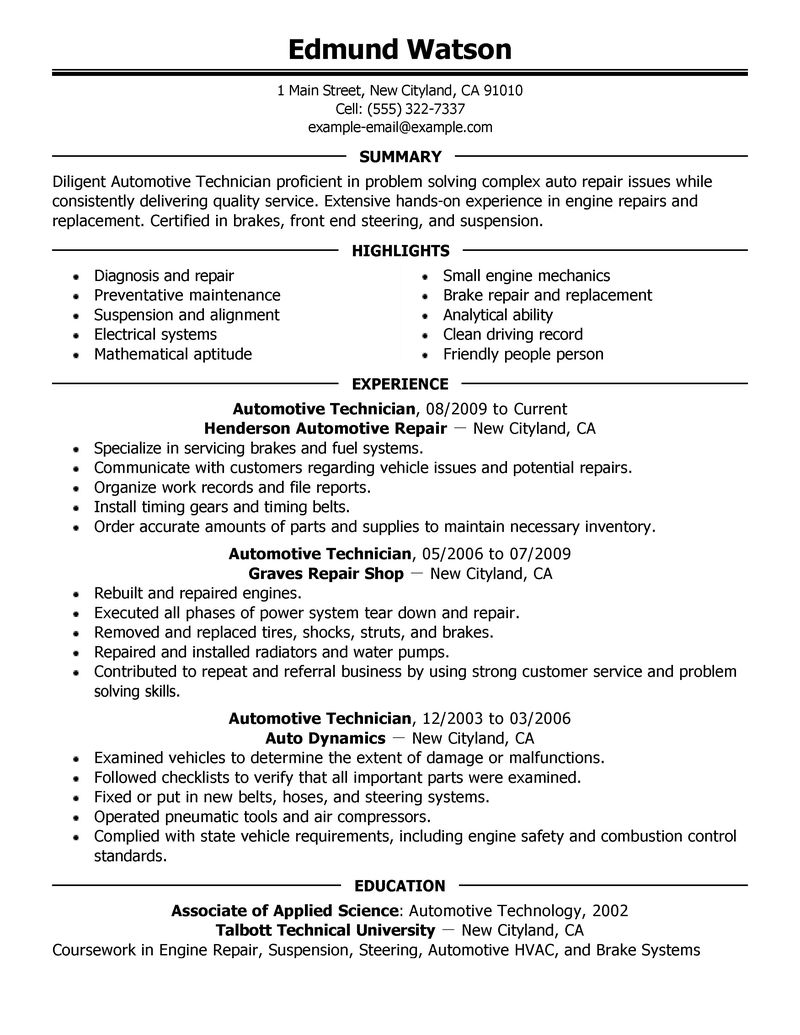 Auto mechanic resume objective examples