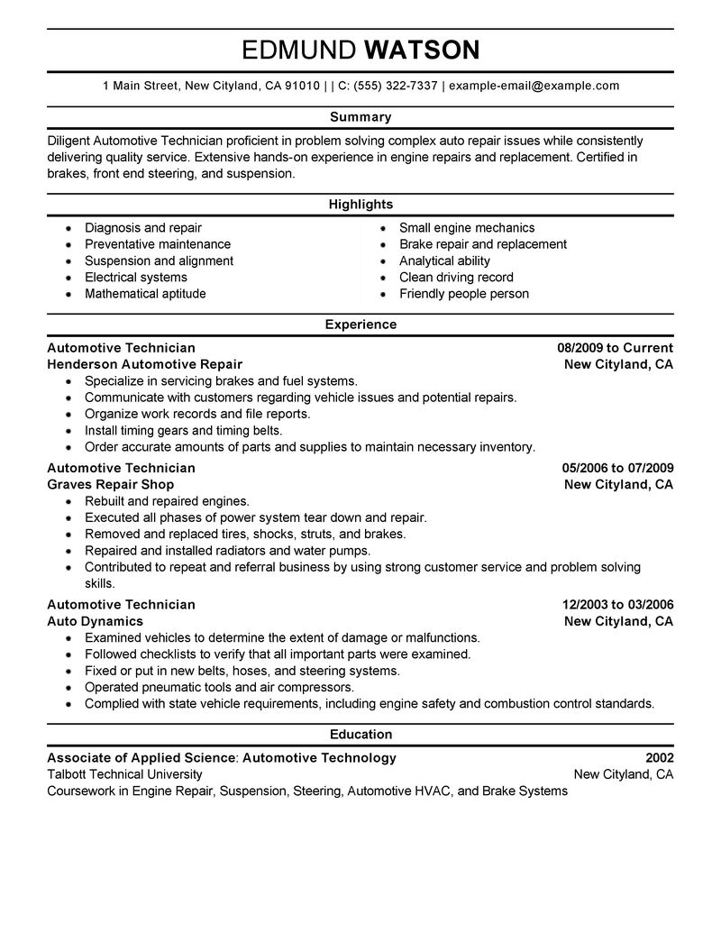 Resume Examples: Automotive Technician