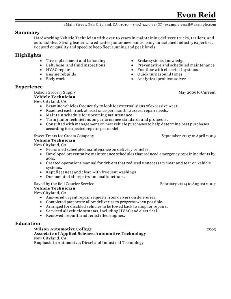 Automotive Technician Resume Sample