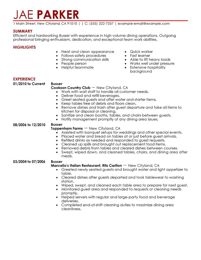 Sample entry level resume for busboy