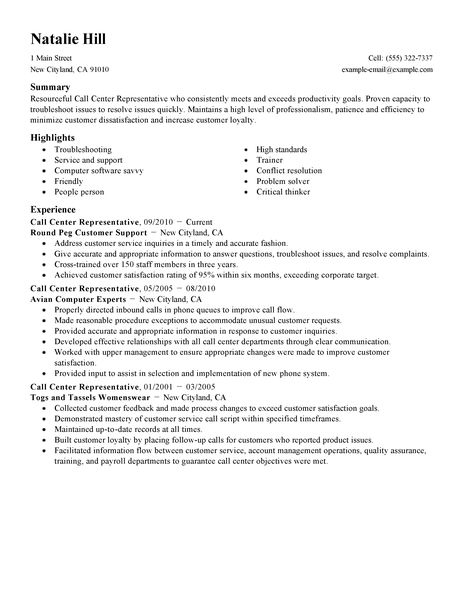 Sample resume job description call center