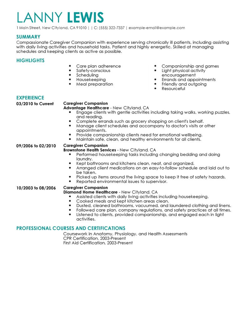 Caregivers Companions Resume Examples | Wellness Resume ...