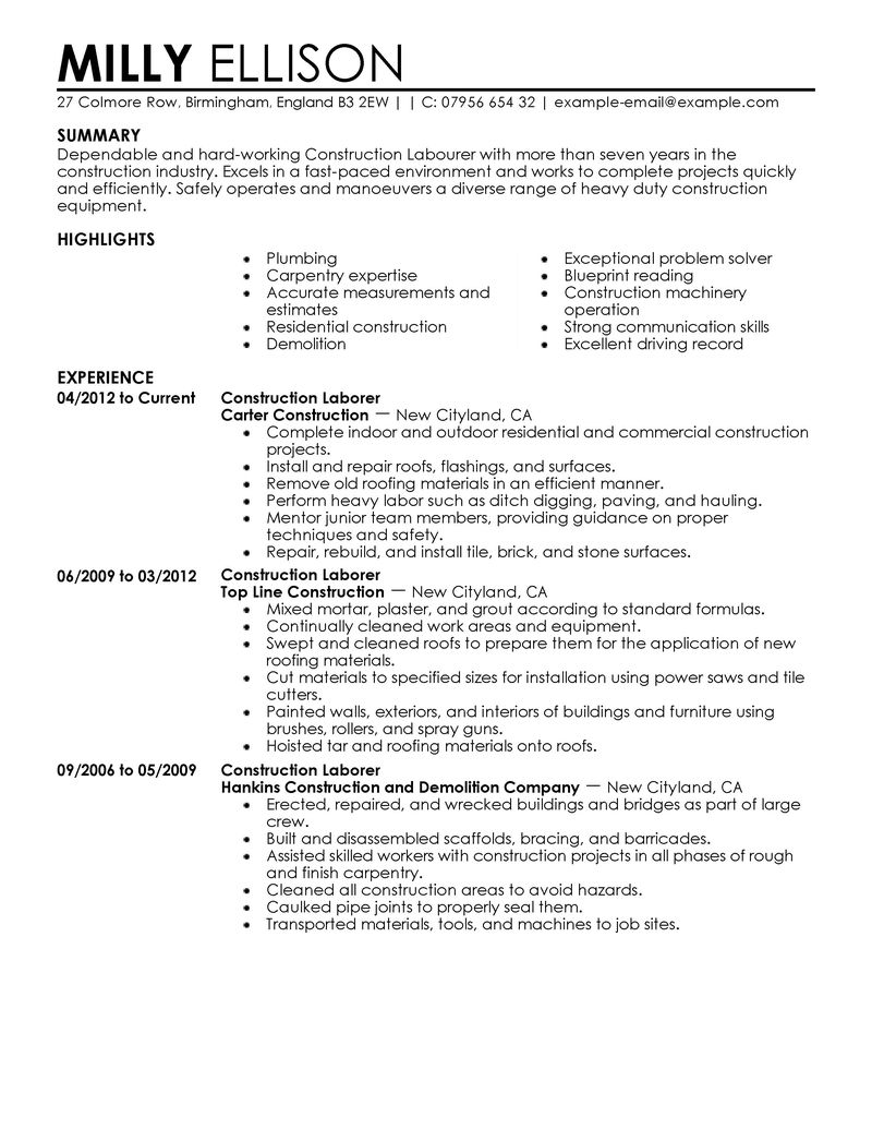 Resume Examples Laborer Jobs