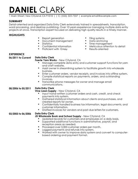 Data Entry Clerk Resume Example