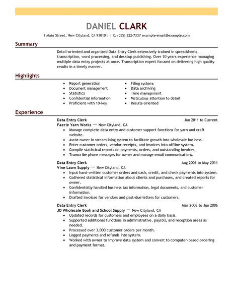 Data Entry Clerk Resume Example