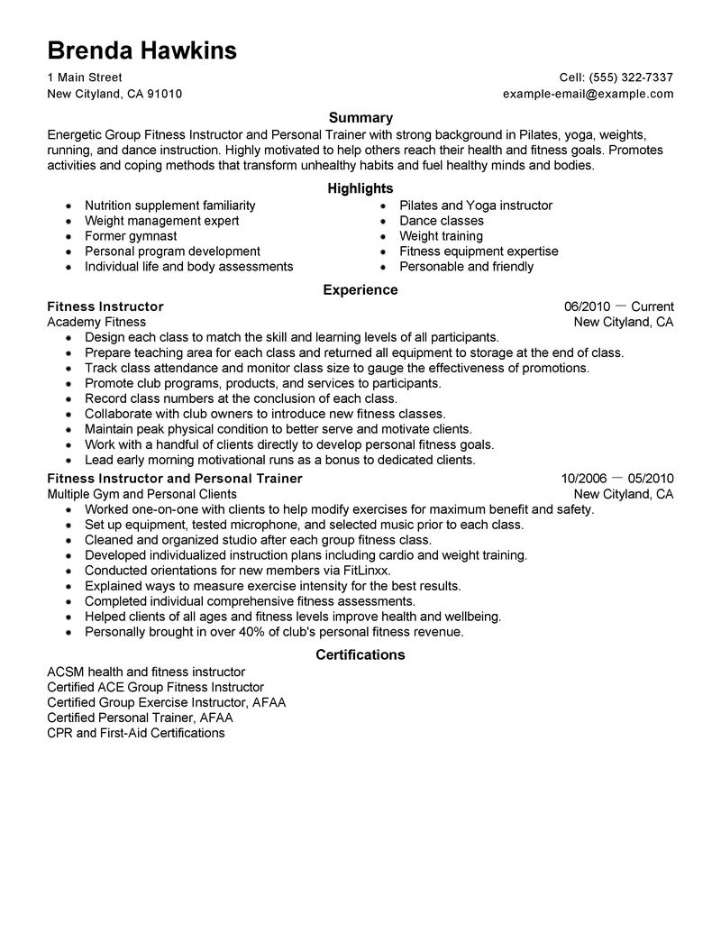 Resume for fitness job