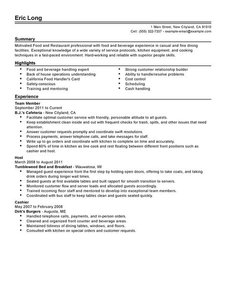 Resume sample server restaurant