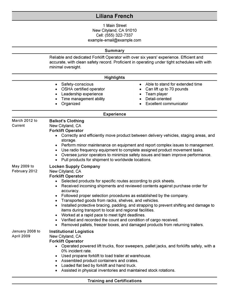 Sample warehouse resume forklift