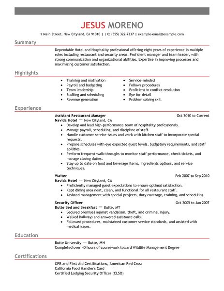 Free sample resume for hospitality