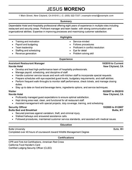 Resume examples for hospitality