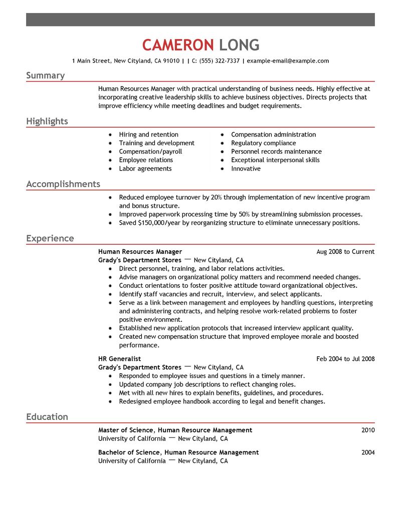 Human resource example resume