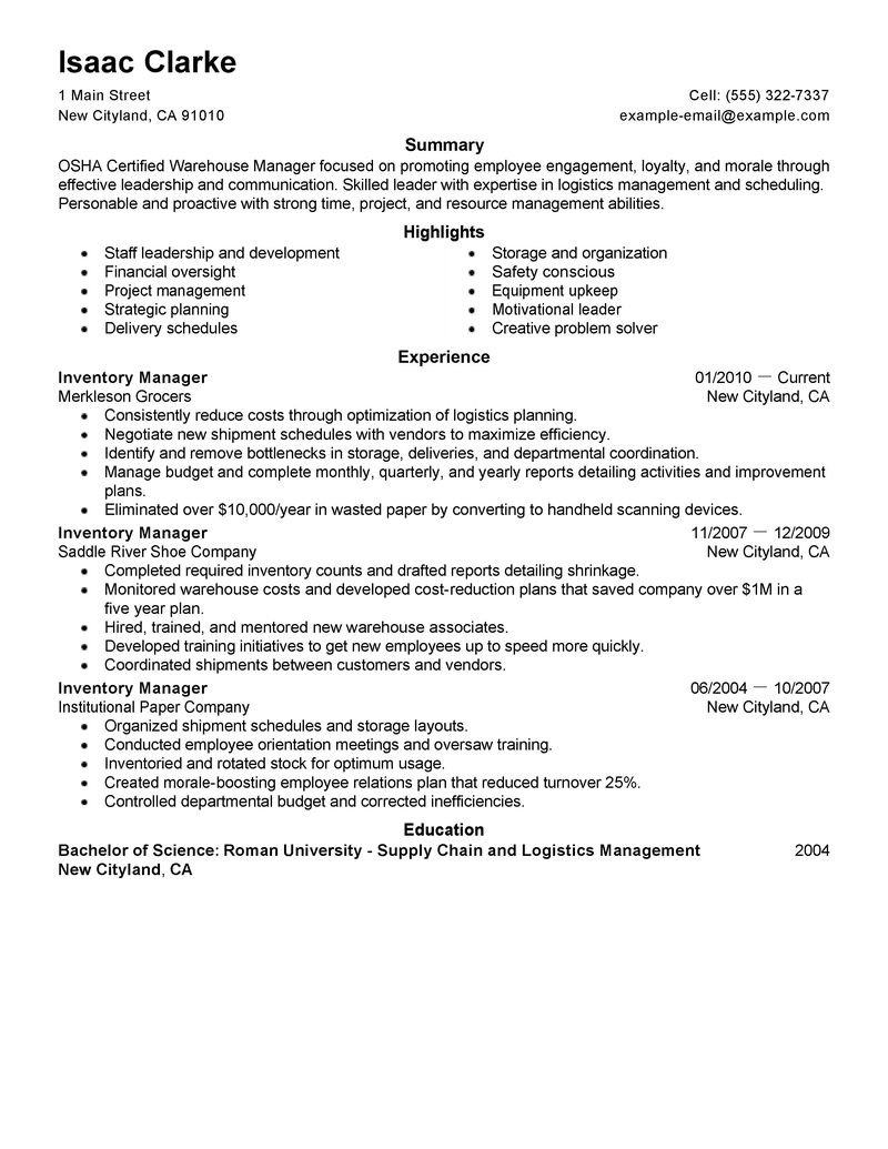 Sample resume inventory management