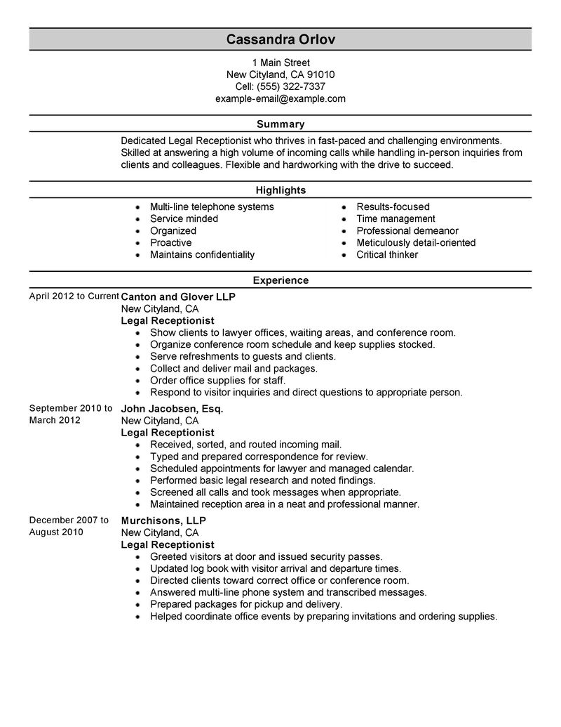 Resume Examples: Legal Receptionist