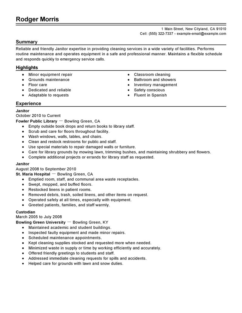 Custodial Worker Resume Sample