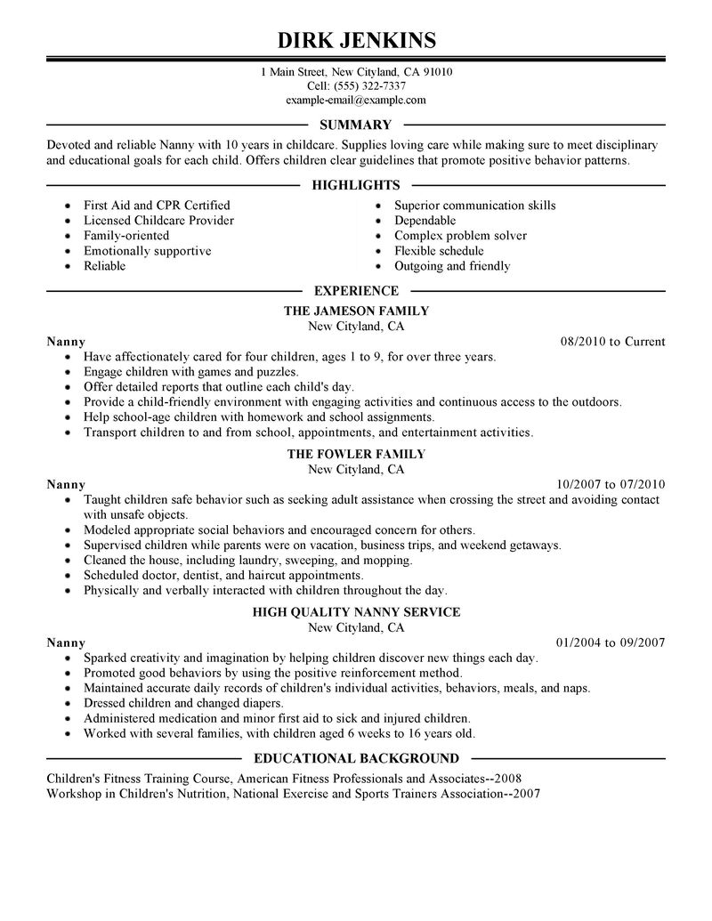 Nanny Resume Examples