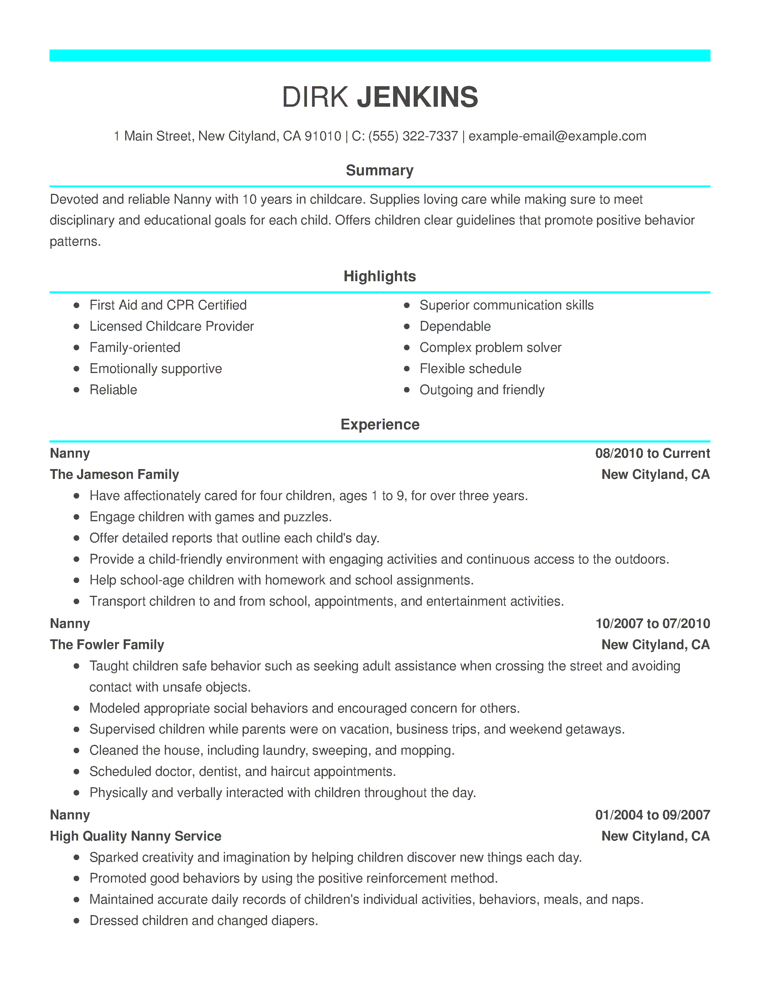 basic nanny resumes