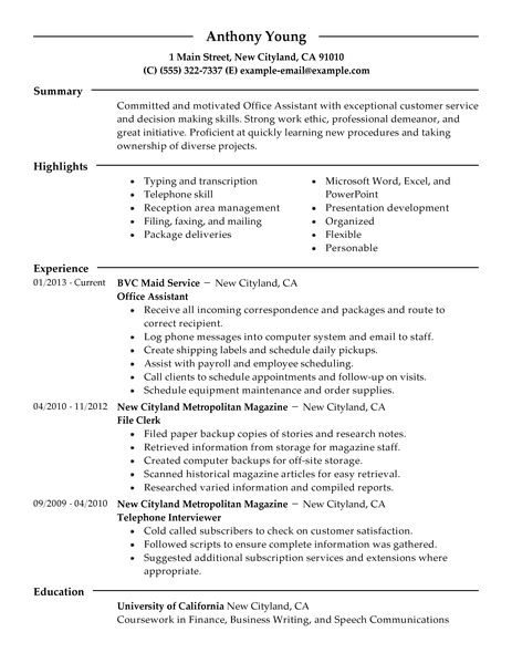 Sample resume for office assistant jobs